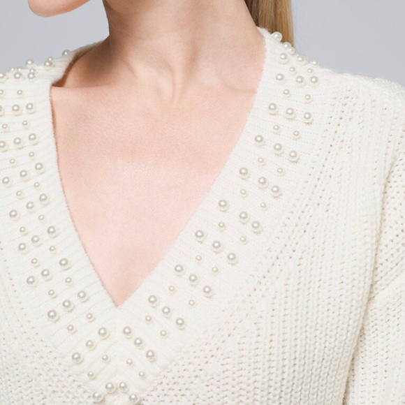 NWT WHBM vnk high low pearl pull over sweater, XXSP, ecru - Picture 2 of 14